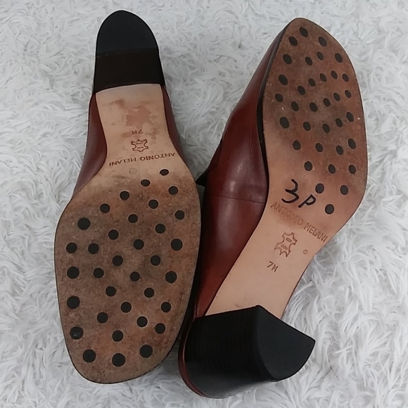 Antonio Melani Brown Leather Upper Square Toe Mid Blocked Heel Slip On Mule Shoe - Picture 7 of 12